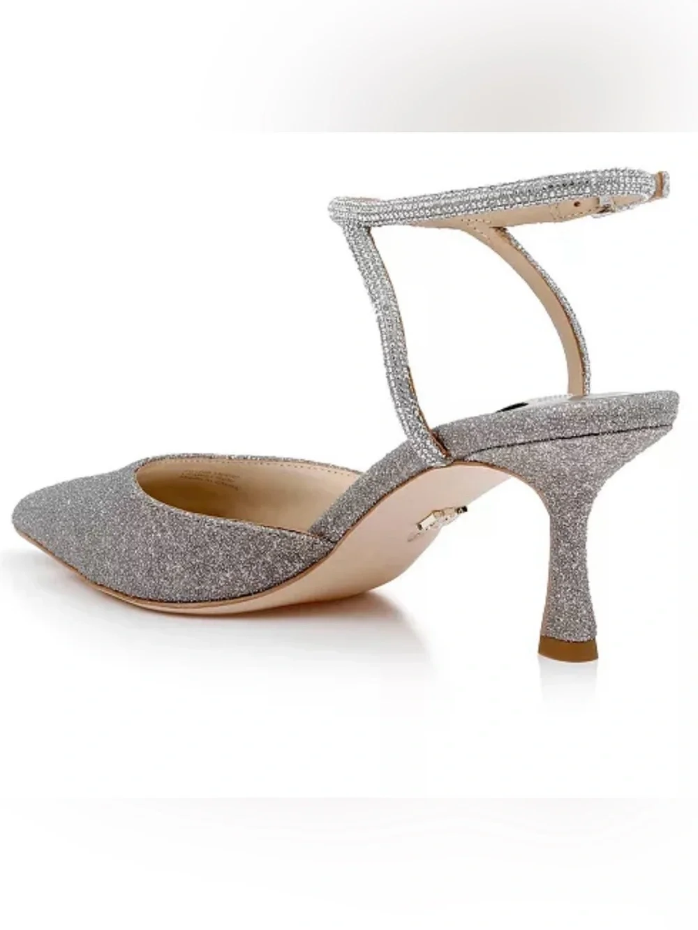 Badgley Mischka Autumn Silver Glitter Pointed Toe Mid-Heel Pump with Ankle Strap